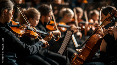 A grand orchestra performs on a classic stage. The conductor leads the musicians, who play violins, cellos, and trumpets during a beautiful concert.