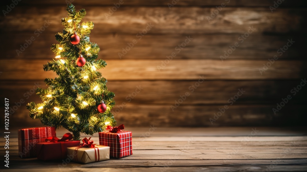 Vibrant Christmas tree with glowing lights and red baubles, surrounded by gifts on a wooden floor. Vibrant Christmas tree with glowing lights and red baubles, surrounded by gifts on a wooden floor.