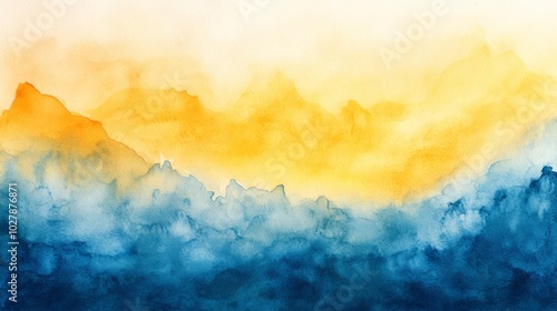 Abstract watercolor brush strokes in blue and yellow, summer feel, paper texture