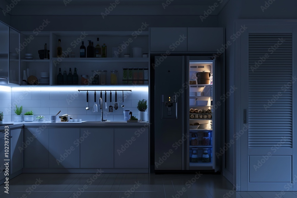 Open fridge in the dark kitchen at night. Open fridge in the dark kitchen at night.