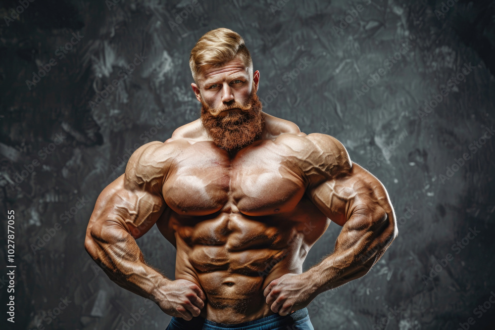 A powerful bodybuilder showcasing his muscular physique, highlighting defined muscles and a determined expression, in front of a dark background. A powerful bodybuilder showcasing his muscular physique, highlighting defined muscles and a determined expression, in front of a dark background.