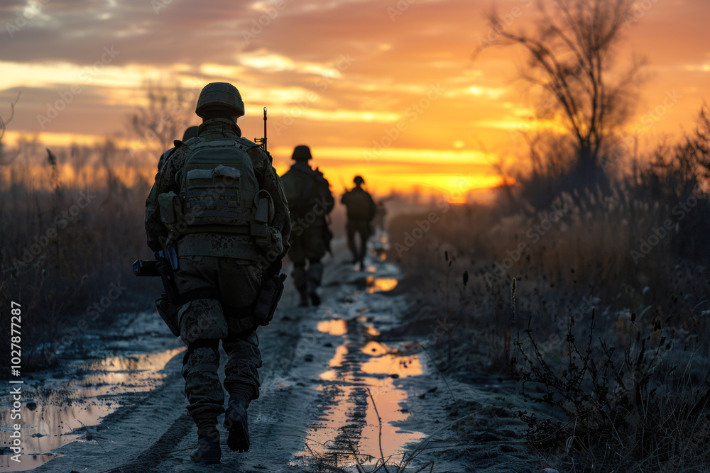 A group of soldiers in military gear walk through a rugged landscape, patrolling the area with a vast, mountainous backdrop. A group of soldiers in military gear walk through a rugged landscape, patrolling the area with a vast, mountainous backdrop.