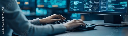 Close-up of hands typing on a keyboard in a tech workspace, with screens displaying code and data analytics in the background. photo