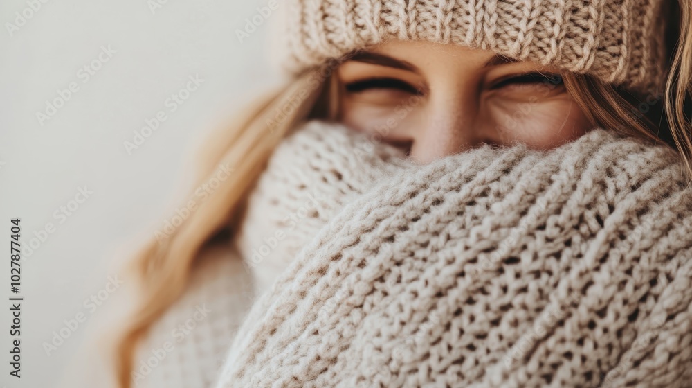 A young woman warmly dressed in knitwear, including a cozy beanie and thick scarf, smiles softly, embodying the comforting warmth and coziness of a winter day. A young woman warmly dressed in knitwear, including a cozy beanie and thick scarf, smiles softly, embodying the comforting warmth and coziness of a winter day.