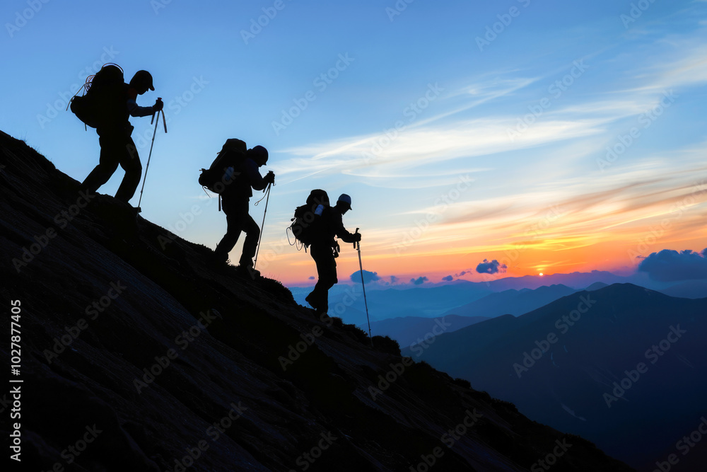 Three hikers ascend a rocky mountain slope at sunset, silhouetted against a colorful sky with orange and pink clouds. Three hikers ascend a rocky mountain slope at sunset, silhouetted against a colorful sky with orange and pink clouds.
