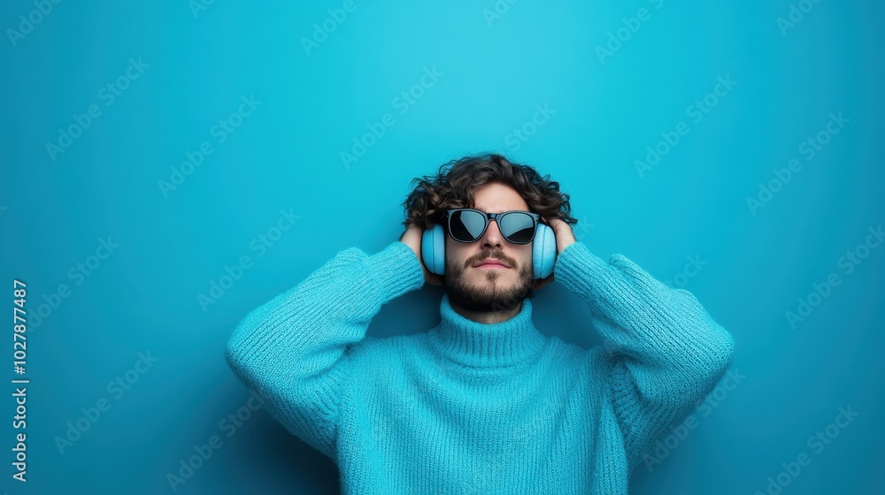 A man wearing a blue sweater and stylish sunglasses enjoys music with blue headphones, set against a vibrant blue background exuding calm and serenity. A man wearing a blue sweater and stylish sunglasses enjoys music with blue headphones, set against a vibrant blue background exuding calm and serenity.