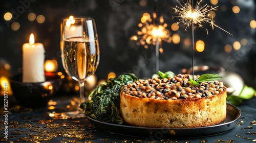 Traditional Southern New Year dish 'Hoppin' John' with black-eyed peas, cornbread, and collard greens photo