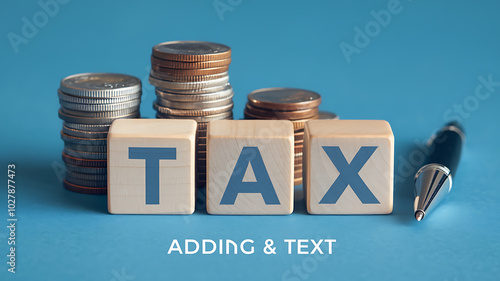 Wallpaper Mural Wooden blocks spelling TAX with coins and pen on blue background, financial concept, business and finance. 
 Torontodigital.ca