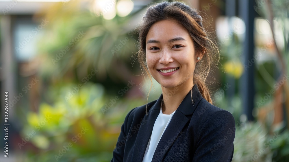 Businesswoman in formal suit, smiling confidently while looking to the side, standing in a modern outdoor setting Businesswoman in formal suit, smiling confidently while looking to the side, standing in a modern outdoor setting