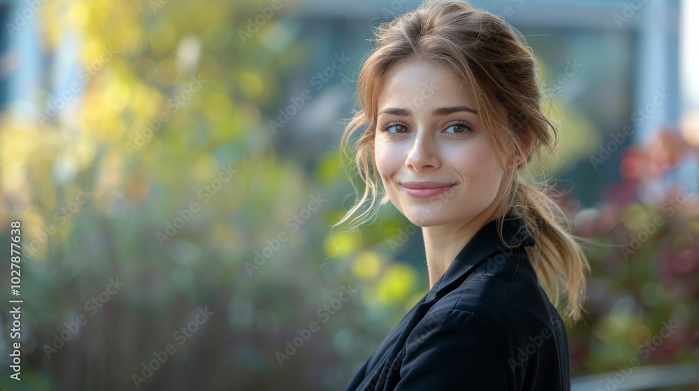 Businesswoman in formal suit, smiling confidently while looking to the side, standing in a modern outdoor setting Businesswoman in formal suit, smiling confidently while looking to the side, standing in a modern outdoor setting