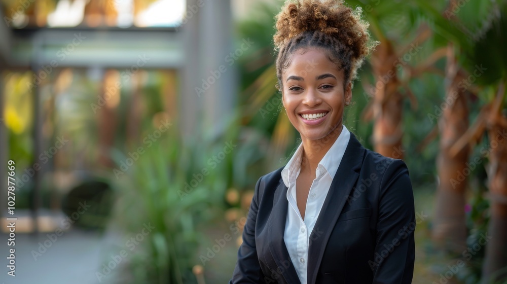 Businesswoman in formal suit, smiling confidently while looking to the side, standing in a modern outdoor setting Businesswoman in formal suit, smiling confidently while looking to the side, standing in a modern outdoor setting
