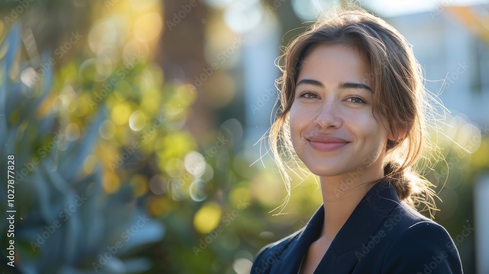 Businesswoman in formal suit, smiling confidently while looking to the side, standing in a modern outdoor setting Businesswoman in formal suit, smiling confidently while looking to the side, standing in a modern outdoor setting
