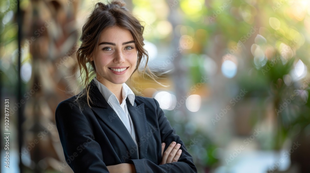 Businesswoman in formal suit, smiling confidently while looking to the side, standing in a modern outdoor setting Businesswoman in formal suit, smiling confidently while looking to the side, standing in a modern outdoor setting