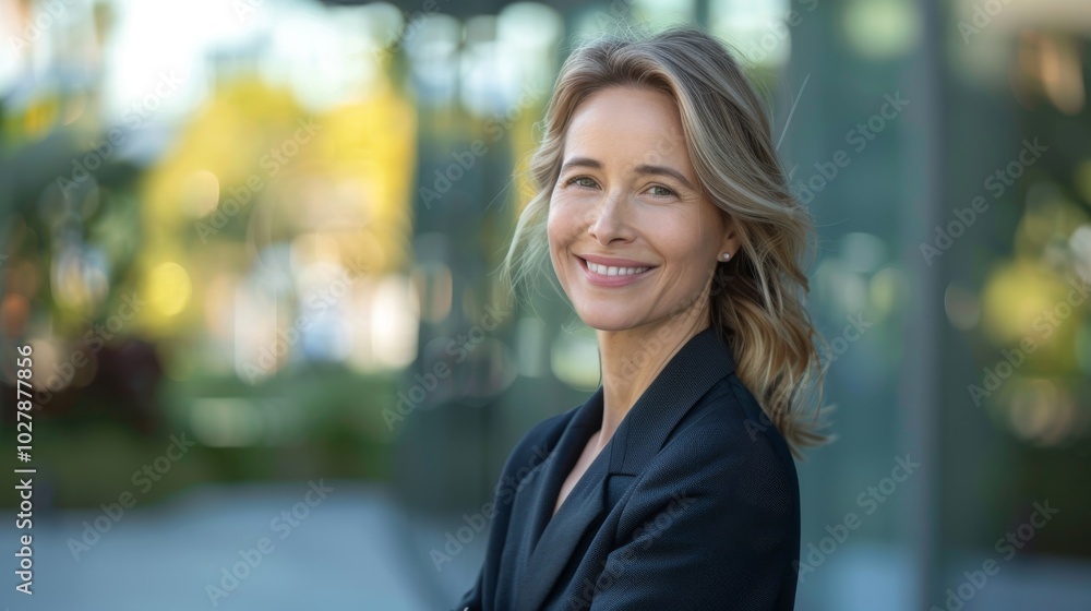 Businesswoman in formal suit, smiling confidently while looking to the side, standing in a modern outdoor setting Businesswoman in formal suit, smiling confidently while looking to the side, standing in a modern outdoor setting