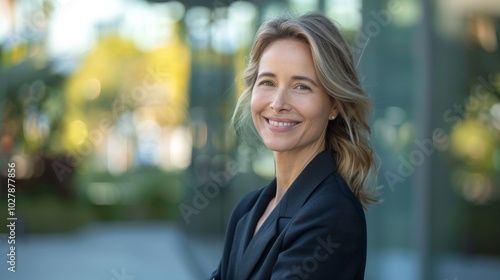 Businesswoman in formal suit, smiling confidently while looking to the side, standing in a modern outdoor setting