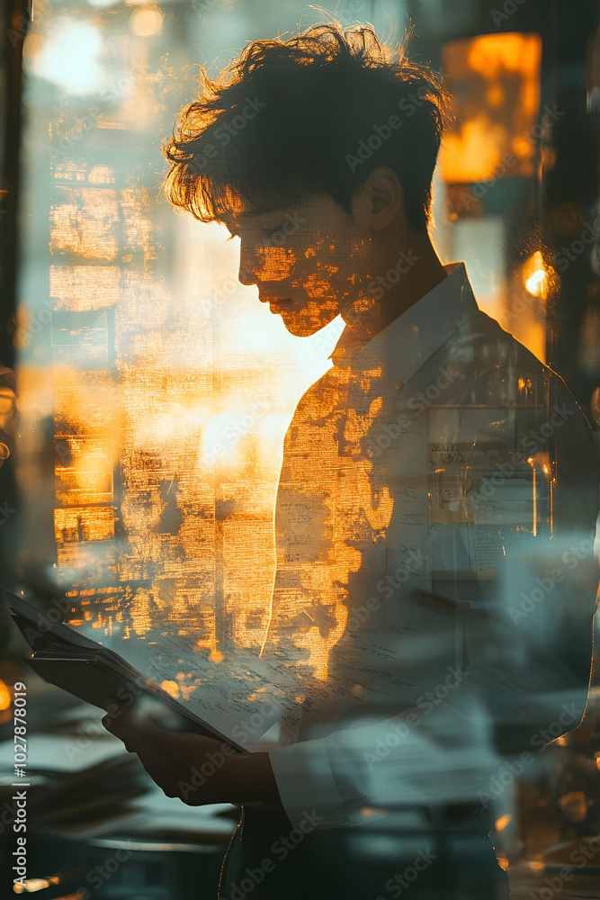 A man is reading a book in front of a window. The reflection of the man and the book in the window creates a sense of depth and adds a unique visual element to the scene A man is reading a book in front of a window. The reflection of the man and the book in the window creates a sense of depth and adds a unique visual element to the scene