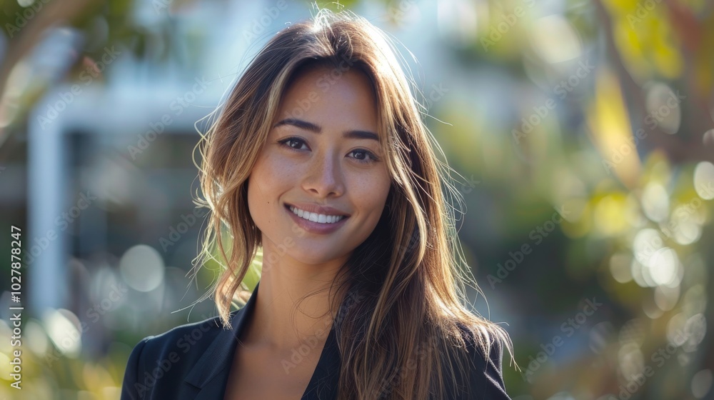 Obraz premium Businesswoman in formal suit, smiling confidently while looking to the side, standing in a modern outdoor setting