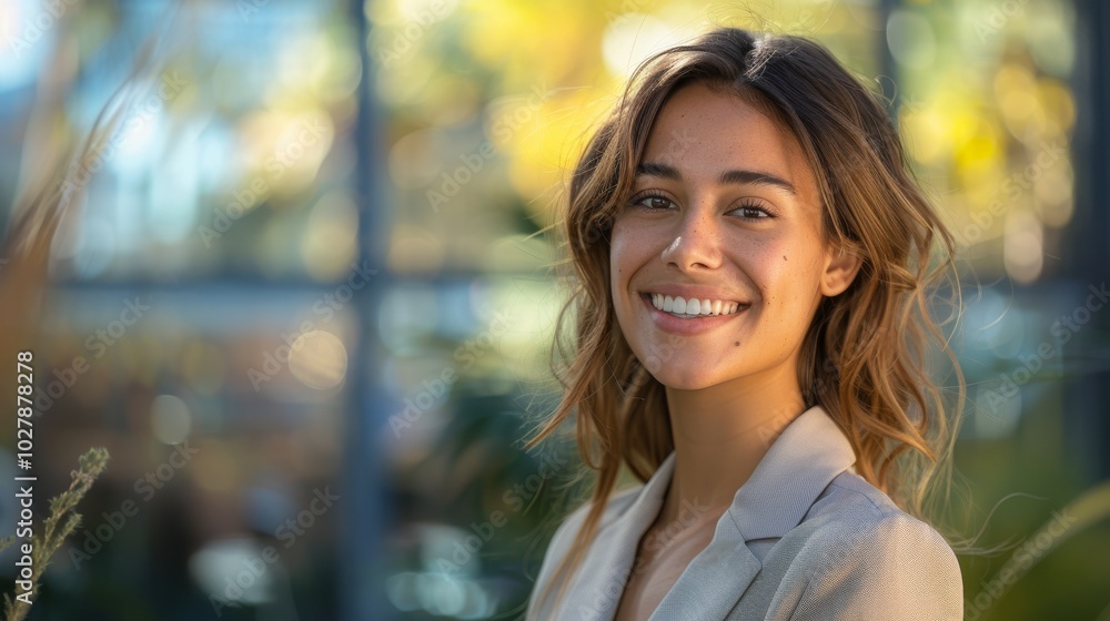 Businesswoman in formal suit, smiling confidently while looking to the side, standing in a modern outdoor setting Businesswoman in formal suit, smiling confidently while looking to the side, standing in a modern outdoor setting