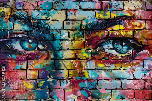 Colorful graffiti on a brick wall. Abstract background for design.