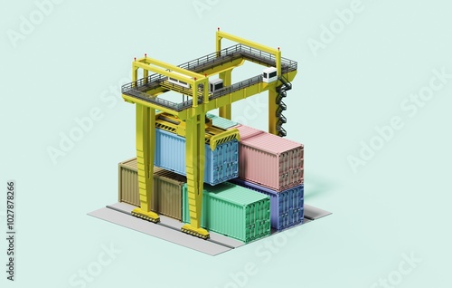 Yellow Gantry Crane Over Stacked Shipping Containers in 3D illustration. The crane includes a platform with railings and a staircase on light background. Color corrected for light designs. Isometric.