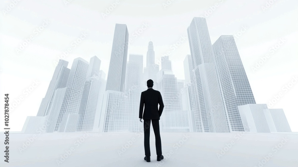 A businessman stands in front of a city skyline, looking towards the future. A businessman stands in front of a city skyline, looking towards the future.
