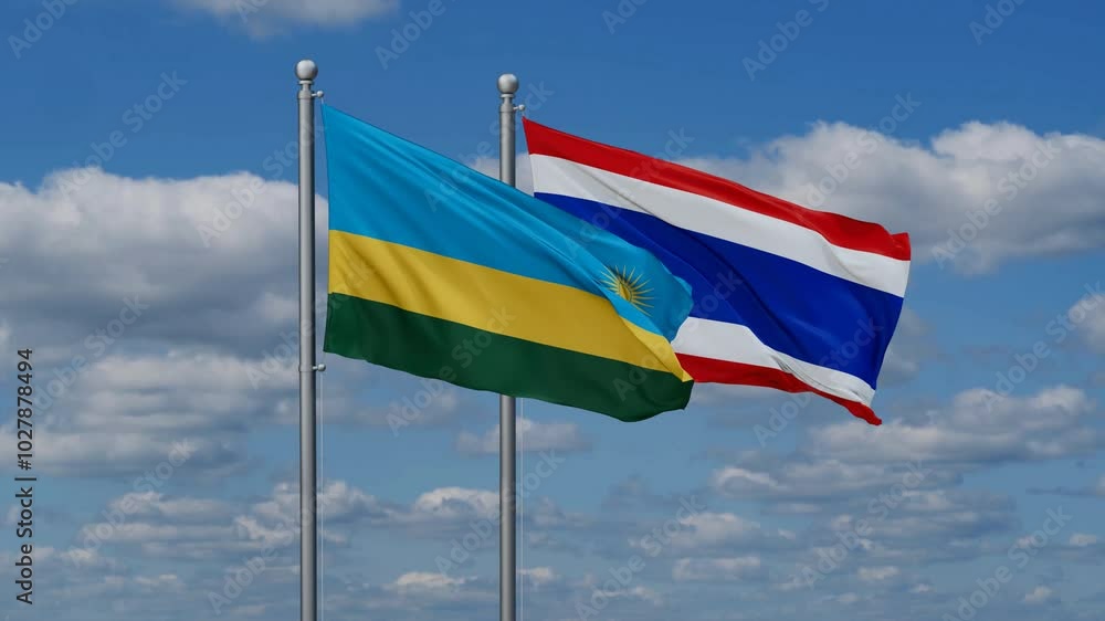 Kingdom of Thailand and Rwanda flags flying together, video concept of the relationship, two country cooperation concept Kingdom of Thailand and Rwanda flags flying together, video concept of the relationship, two country cooperation concept