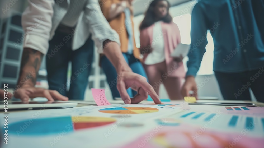 Fototapeta premium Diverse professionals engaged in intense debate around table with charts and diagrams, symbolizing strategic decision-making and alternative analysis.
