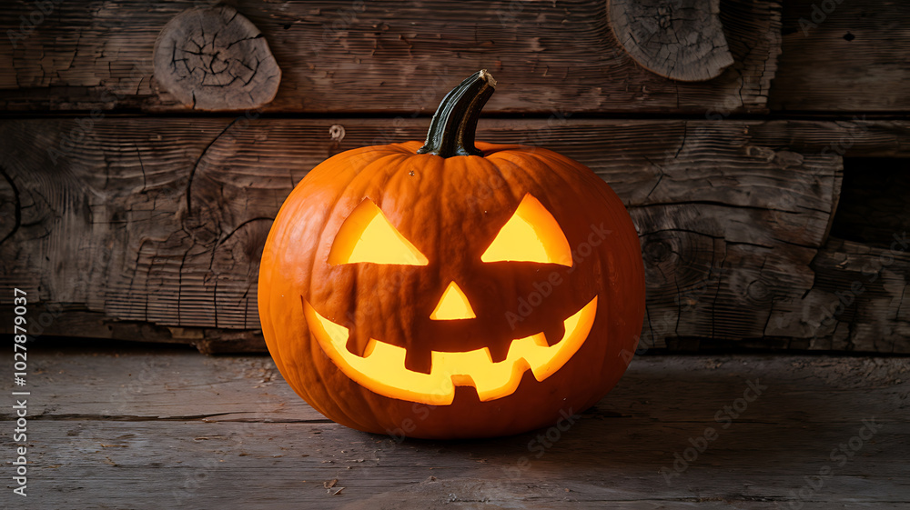 Smiling orange pumpkin on rustic wood background, Halloween celebration.
Smiling orange pumpkin on rustic wood background, Halloween celebration.