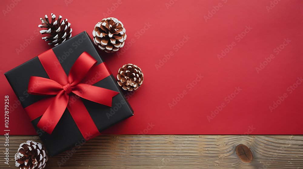 Black gift box with red ribbon and pine cones on red background Christmas holiday celebration.
Black gift box with red ribbon and pine cones on red background Christmas holiday celebration.