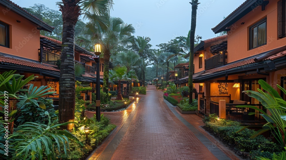A captivating view of a serene, beautifully landscaped resort pathway flanked by lush tropical plants and elegant, well-lit villas at dawn A captivating view of a serene, beautifully landscaped resort pathway flanked by lush tropical plants and elegant, well-lit villas at dawn