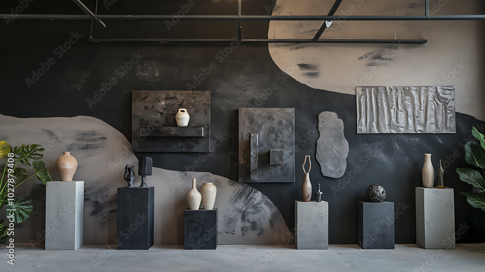 Modern minimalist interior design with beige and gray tones, showcasing contemporary art and sculptures.
Modern minimalist interior design with beige and gray tones, showcasing contemporary art and sculptures.