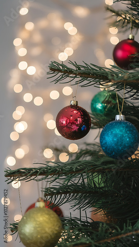 Wallpaper Mural Christmas tree ornaments red and green with bokeh lights for festive holiday design. 
 Torontodigital.ca