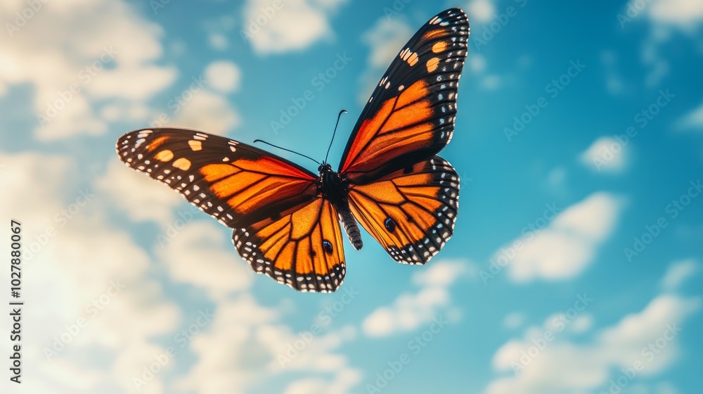 Fototapeta premium A vibrant butterfly with orange wings soaring against a blue sky with clouds.