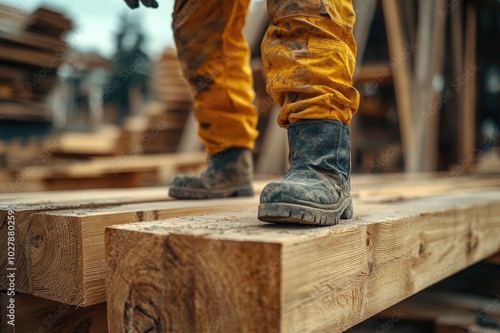 Close-Up of Workers Boots on Wooden Beams in a Construction Site Setting Close-Up of Workers Boots on Wooden Beams in a Construction Site Setting
