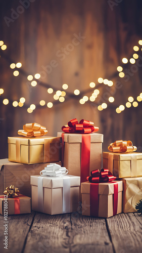 Warm, glowing Christmas gifts with red and gold bows on rustic wood background.