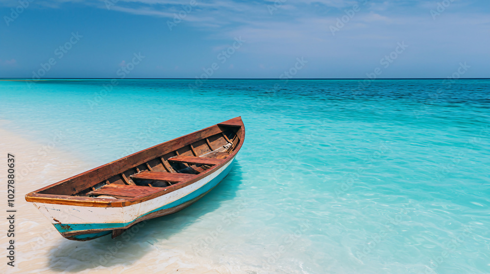 Naklejka premium Wooden boat floats in crystal-clear turquoise waters on a sunny day, with a pristine beach in the background.