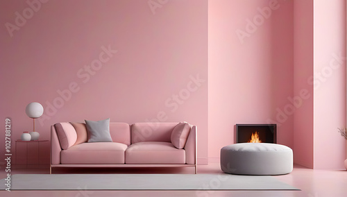 sofa pouf pink wall fireplace minimalist interior design modern living room photo