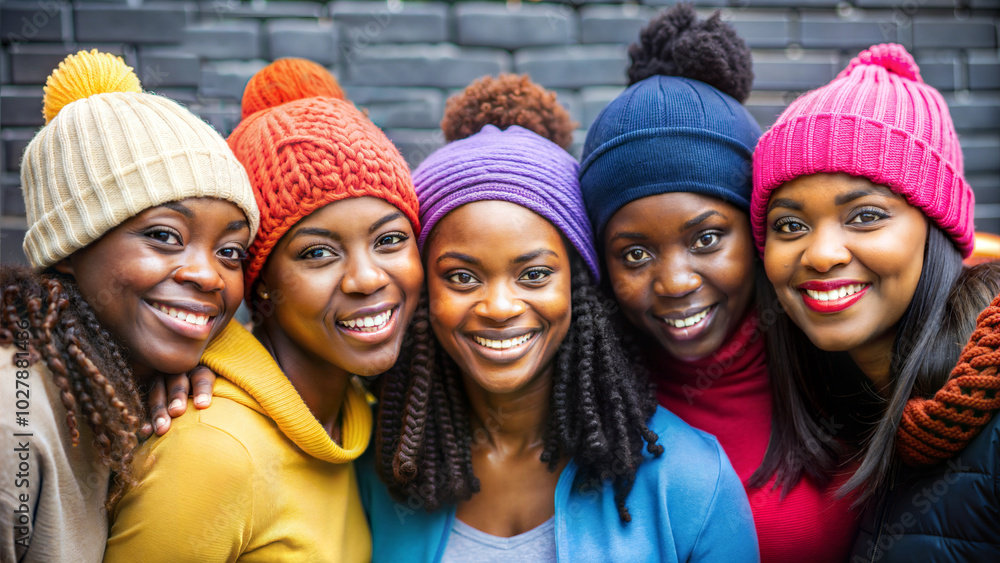Five cheerful African women smiling together in colorful knitted hats against a brick wall Five cheerful African women smiling together in colorful knitted hats against a brick wall