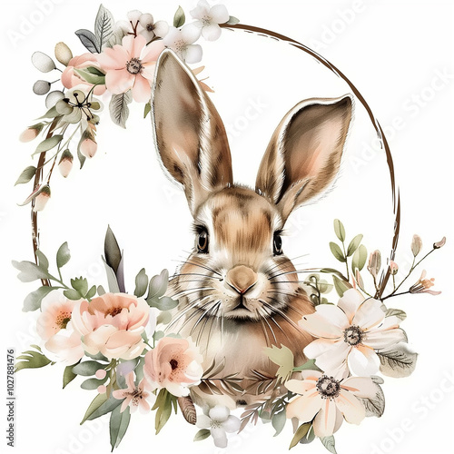 A vintage-style watercolor greeting card for Easter featuring a charming hare on a green background surrounded by a circular floral frame..