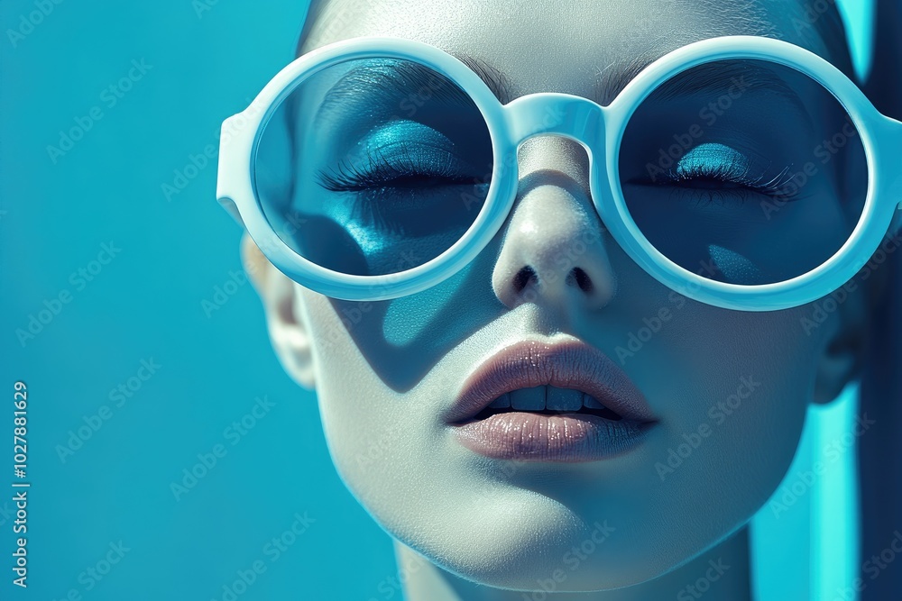 Close-Up Portrait of Fashionable Woman in White Sunglasses Against Blue Background Close-Up Portrait of Fashionable Woman in White Sunglasses Against Blue Background