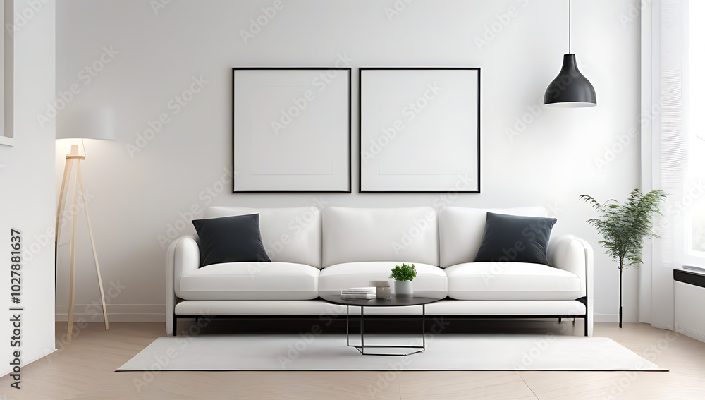 Fototapeta premium white sofa posters frames wall interior design modern living room