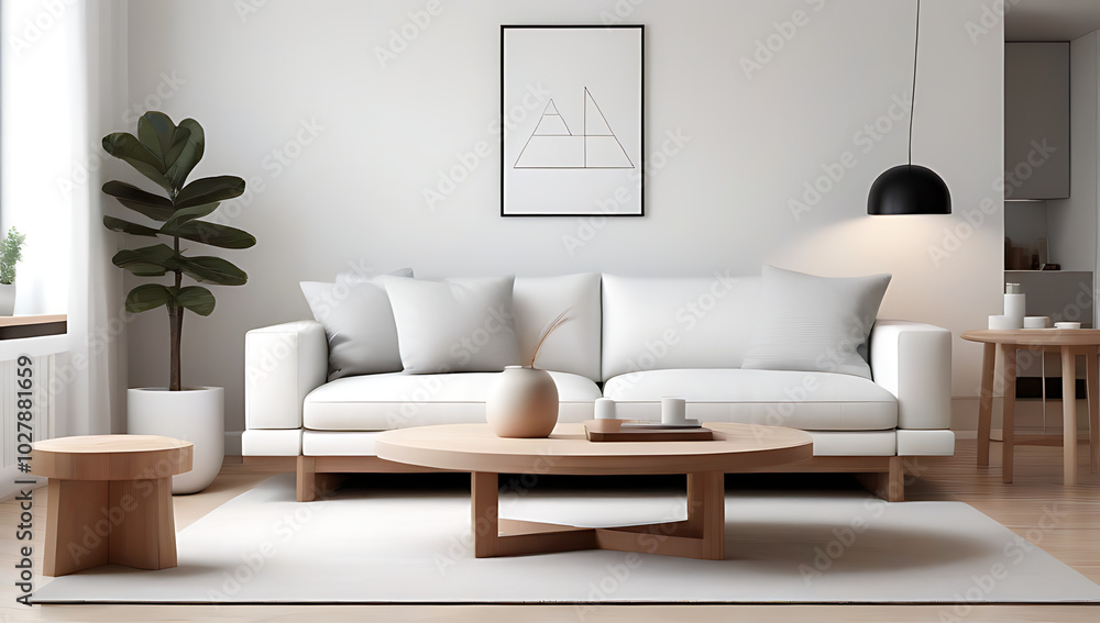 Obraz premium white sofa wooden coffee table scandinavian style interior design modern living room
