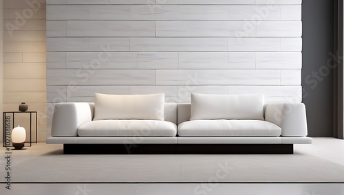 white sofa near stone cladding tiled wall copy space minimalist country home interior design modern living room photo