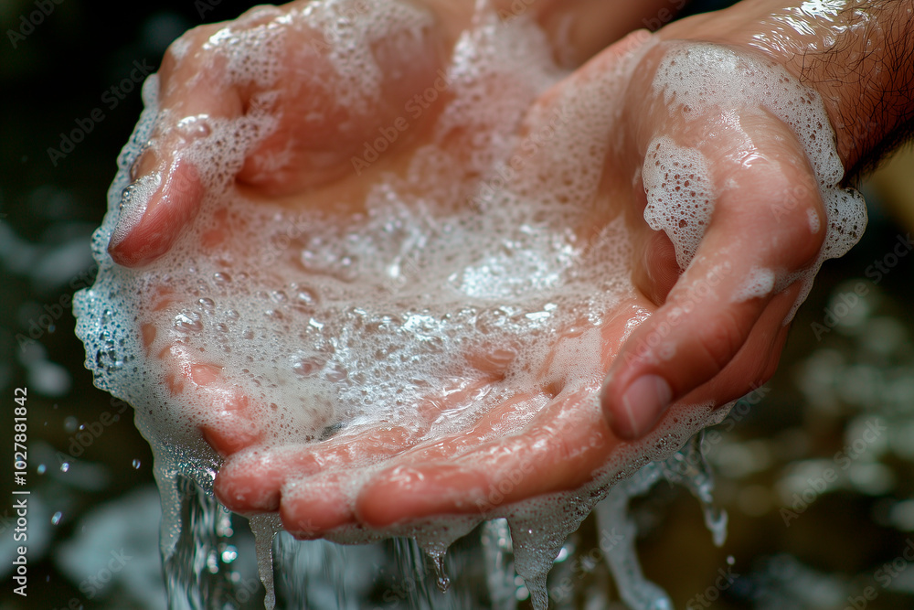 Fototapeta premium Close-up of hands covered in soapy foam during hand washing, emphasizing cleanliness and hygiene.