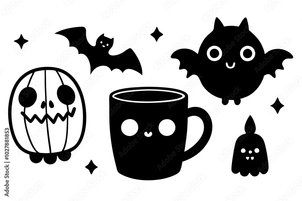 Cute and creepy halloween set with illustrations of cartoon mugs in hand drawn style. Perfect for greeting cards, party invitations, posters, stickers, pin, scrapbooking, icons Cute and creepy halloween set with illustrations of cartoon mugs in hand drawn style. Perfect for greeting cards, party invitations, posters, stickers, pin, scrapbooking, icons