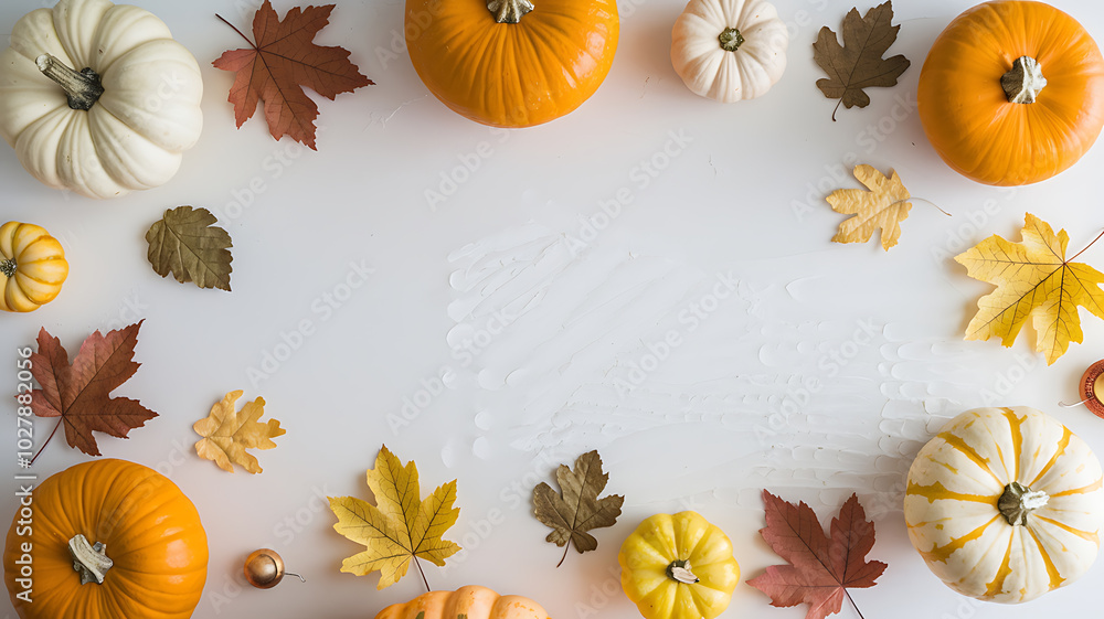 Autumnal pumpkins and leaves on white background, perfect for Thanksgiving or fall decor.
Autumnal pumpkins and leaves on white background, perfect for Thanksgiving or fall decor.