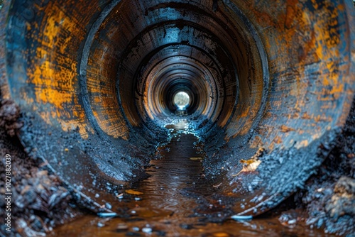 Rusty, weathered large metal industrial pipeline tunnel interior with muddy water reflecting ambient light towards the distant small opening