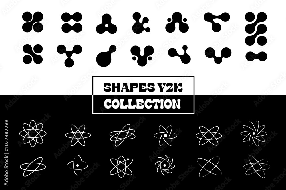 Fototapeta premium Set of abstract retro futuristic Y2K elements and shapes isolated on white and black background