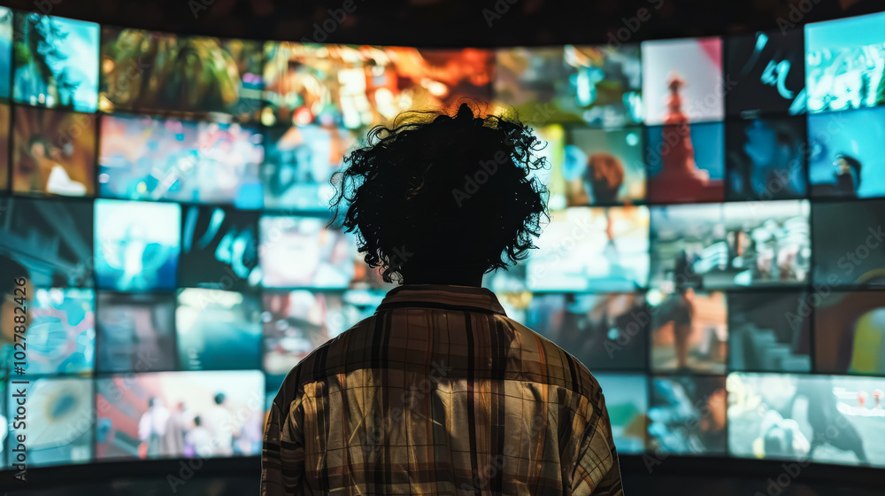 Woman stands in front of a large screen with many images on it. The woman is looking at the screen with interest. The images on the screen are colorful and dynamic, creating a sense of excitement Woman stands in front of a large screen with many images on it. The woman is looking at the screen with interest. The images on the screen are colorful and dynamic, creating a sense of excitement