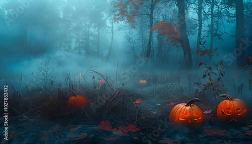 misty forest at dusk with faint glowing pumpkins